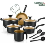 Conjunto De Panelas 9 Peças Antiaderente Com Tampa De Vidro E Utensílios Fogão A Gás Preto Bege