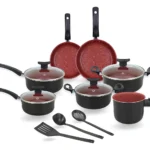 Renove sua cozinha com este incrível Conjunto de Panelas Antiaderente de 10 Peças, projetado para oferecer máxima praticidade e performance no preparo dos mais variados pratos. Perfeito tanto para chefs de cozinha quanto para aqueles que amam cozinhar em casa, esse conjunto traz uma combinação de panelas e frigideiras equipadas com tampas de vidro e utensílios de nylon de alta durabilidade. O diferencial deste conjunto está em seu revestimento antiaderente premium, que não permite que os alimentos grudem, resultando em cozimento mais saudável, com menos óleo, além de facilitar a limpeza, economizando tempo na cozinha. As tampas de vidro temperado são resistentes e permitem visualizar os alimentos sem a necessidade de removê-las, mantendo o calor e a umidade dentro das panelas para melhores resultados de cozimento. Além disso, os utensílios de nylon são perfeitos para manusear alimentos sem danificar a superfície antiaderente, garantindo segurança e preservação das suas panelas por muito mais tempo. O que acompanha o conjunto: - Panela Nº 16 com tampa de vidro: diâmetro de 16 cm e capacidade de 1,4 litros – perfeita para molhos, porções individuais e pequenas refeições. - Panela Nº 18 com tampa de vidro: diâmetro de 18 cm e capacidade de 2,0 litros – ideal para o preparo de arroz, sopas e cozidos em pequenas porções. - Caçarola Nº 18 com tampa de vidro: diâmetro de 18 cm e capacidade de 2,0 litros – prática para preparar pratos variados, como refogados e ensopados. - Caçarola Nº 20 com tampa de vidro: diâmetro de 20 cm e capacidade de 2,7 litros – perfeita para receitas maiores e refeições para toda a família. - Leiteira Nº 14 antiaderente: diâmetro de 14 cm e capacidade de 1,6 litros – excelente para aquecer leite, preparar caldas ou derreter chocolate. - Frigideira Francesa Nº 18 antiaderente: diâmetro de 18 cm e capacidade de 0,6 litros – perfeita para fritar ovos e pequenas porções de alimentos com mais rapidez. - Frigideira Francesa Nº 20 antiaderente: diâmetro de 20 cm e capacidade de 0,7 litros – excelente para grelhar carnes, preparar omeletes e frituras leves. Além dessas panelas, o conjunto inclui utensílios de cozinha de nylon: - Escumadeira – ideal para servir alimentos sem excesso de líquido. - Colher – perfeita para mexer, servir e preparar pratos de maneira eficiente. - Espátula – desenvolvida para virar e manusear alimentos durante o preparo, sendo resistente ao calor e segura para uso em superfícies antiaderentes. Por que escolher este conjunto de panelas? - Revestimento antiaderente de última geração: o interior das panelas e frigideiras é revestido com material antiaderente de alta qualidade, proporcionando uma experiência de cozimento eficiente, sem que os alimentos grudem. Isso facilita a limpeza e ajuda a preservar a integridade das peças ao longo do tempo. - Tampas de vidro temperado: as tampas transparentes permitem acompanhar o cozimento sem a necessidade de removê-las, mantendo o calor e a umidade dentro das panelas para melhores resultados culinários. - Utensílios em nylon de alta resistência: os acessórios em nylon são resistentes a altas temperaturas e foram projetados para proteger a superfície antiaderente, garantindo que as panelas permaneçam intactas por mais tempo. - Design sofisticado e moderno: com acabamento externo preto e revestimento interno vermelho com efeito marmorizado, esse conjunto de panelas oferece elegância e funcionalidade. Ele vai transformar o visual da sua cozinha, trazendo estilo e praticidade para o seu dia a dia. - Compatibilidade com diversos tipos de fogão: seja em fogões a gás, elétricos ou vitrocerâmicos, essas panelas são versáteis e adequadas para o uso em diferentes tipos de fonte de calor, proporcionando maior flexibilidade no preparo de suas receitas favoritas. Cabos ergonômicos e antitérmicos: os cabos das panelas e frigideiras são revestidos com material antitérmico, oferecendo mais segurança durante o manuseio e um conforto extra enquanto você cozinha. Benefícios adicionais: - Cozinhe com menos óleo: o revestimento antiaderente permite que os alimentos sejam preparados com menos óleo, contribuindo para uma alimentação mais saudável. - Facilidade na limpeza: graças à superfície antiaderente, os resíduos de alimentos saem facilmente, economizando tempo na hora de limpar. - Durabilidade: fabricadas com materiais de alta qualidade, essas panelas são duráveis e resistem ao uso diário sem perder suas propriedades antiaderentes. - Ideal para qualquer cozinha: seu design moderno e funcional faz deste conjunto uma escolha perfeita para qualquer tipo de cozinha, desde ambientes modernos até cozinhas mais tradicionais.